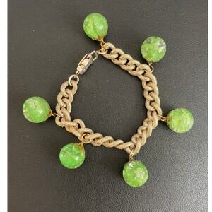 Vintage Charm Bracelet Germany Signed Crackle Glass Gold Tone Spring Green